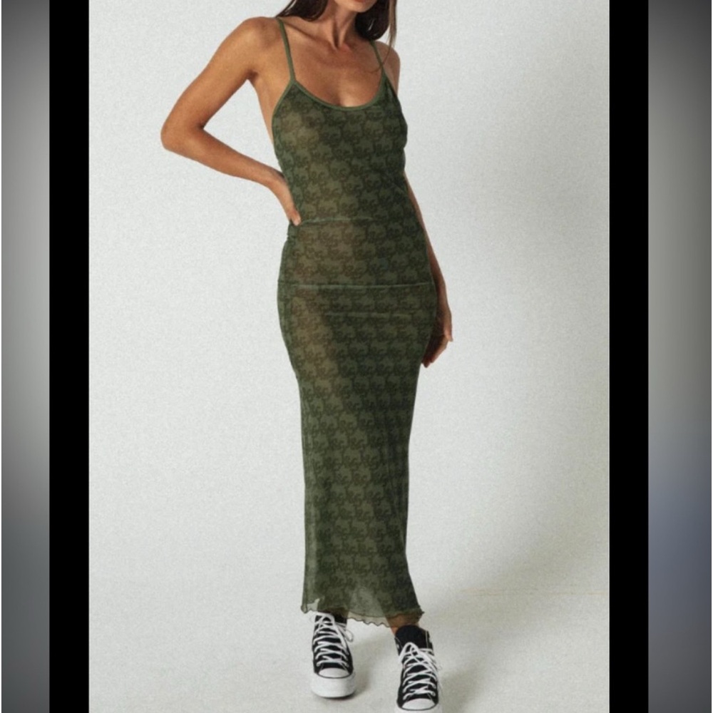 Jagger Stone Demi Mesh Maxi Dress in Khaki Green US Size 4 Logo